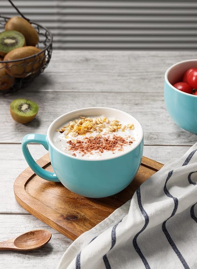 Teocera Turquoise Coffee Mugs Set of 4, 16 oz Ceramic Coffee Mug, Large Mug Set with Handle for Cold or Hot Drinks like Cocoa, Milk, Latte, Fruit Cereal, Long-lasting Porcelain with Modern Design