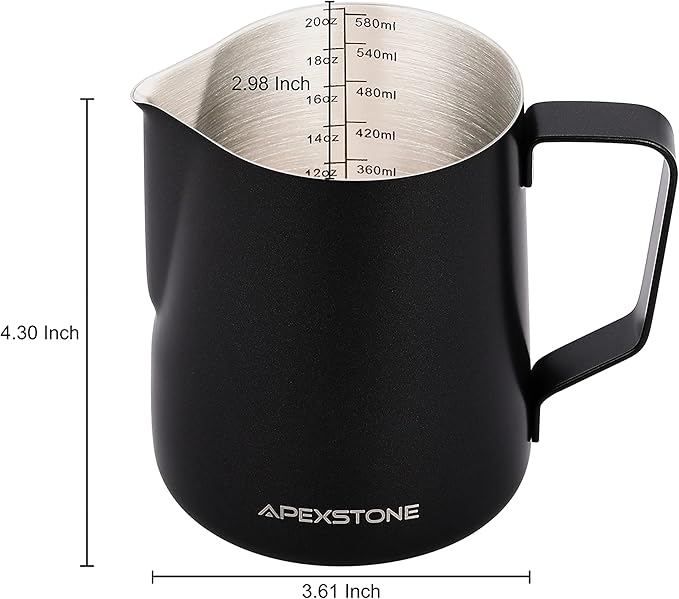 Apexstone 20 oz Black Espresso Steaming Pitcher, Espresso Milk Frothing Pitcher 20 oz Black, Coffee Milk Frothing Cup, Coffee Steaming Pitcher 20 oz/600 ml