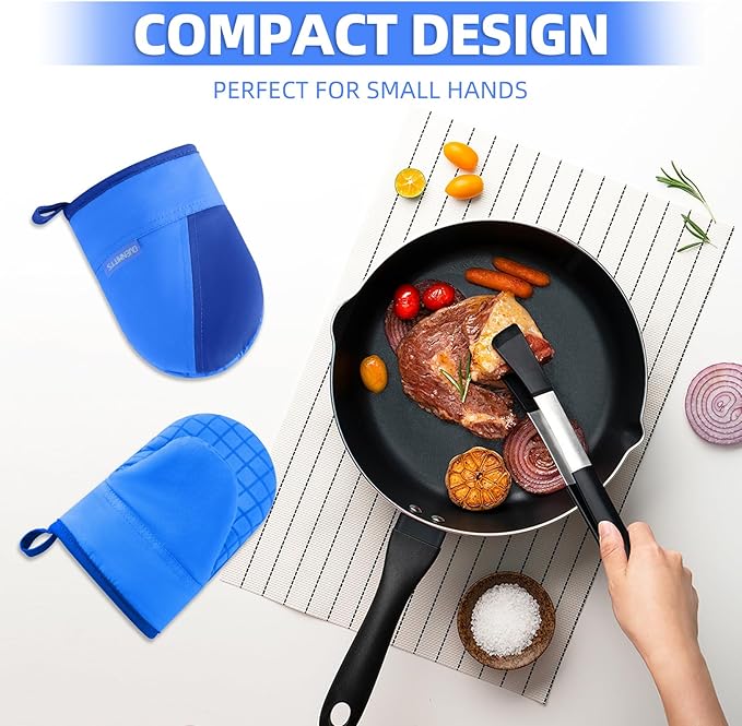Mini Oven Mitts, Kitchen Oven Gloves Kitchen Mittens 500 Degrees Heat Resistant Baking Gloves, Non-Slip Silicone Surface with Hanging Loops Hot Gloves for Cooking, Baking, BBQ 1 Pair-Blue