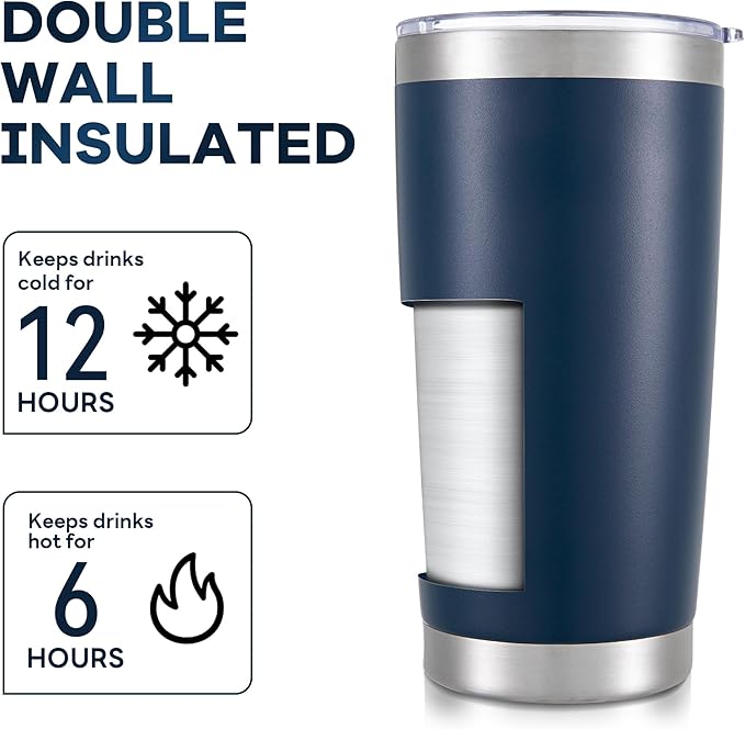 20 oz Tumbler with Lid Stainless Steel Insulated Tumblers Bulk Double Wall Vacuum Cups Powder Coated Travel Mug Keep Drinks Cold and Hot, Navy, 12 Pack