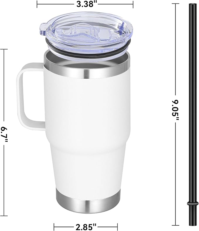 20 oz Stainless Steel Tumbler with Handle Bulk Metal Insulated Tumblers Travel Coffee Mug with Handle Double Wall Tumbler Cup with Lid and Straw, White 6 Pack