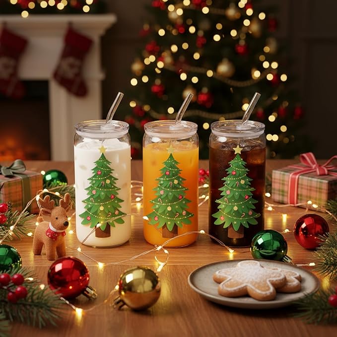 Christmas Gifts, 18oz Color Changing Christmas Glass Cups with Lids and Straw, Glass Tumbler Iced Coffee Drinks Cups for Holiday Party (1 Pack)