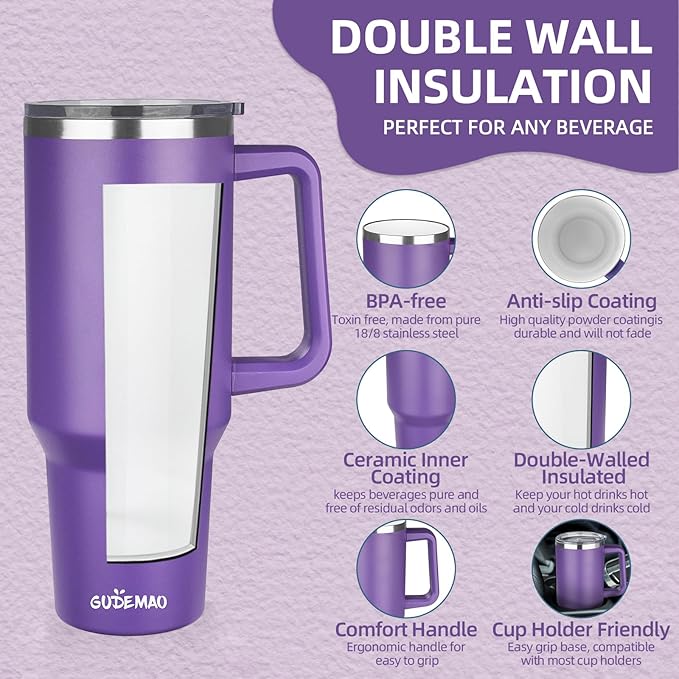 40 oz Insulated Coffee Mug with Ceramic Coating, Stainless Steel Travel Mug Tumbler with Handle Lid and Straw, Double Wall Leak-Proof Coffee Travel Mug Keeps Drink Hot and Cold (Purple)