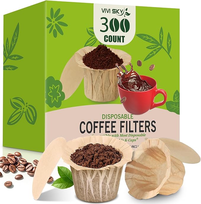 VIVI SKY K cup Coffee Paper Filters with Lid Disposable for Keurig, Fits All Keurig Single Serve Filter Brands (Natural with Lid, 300)