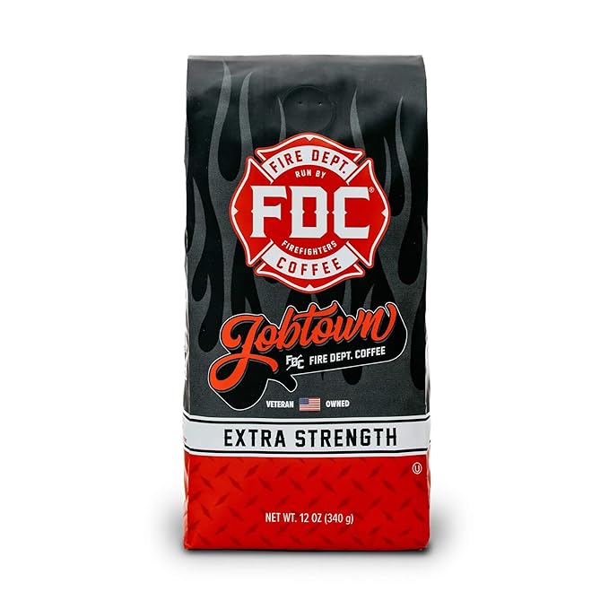 Fire Department Coffee - Gives Back to Firefighters - Jobtown Extra Strength Coffee Beans - Rich & Bold Dark Roast - Roasted in the USA - Veteran Owned - 12 oz