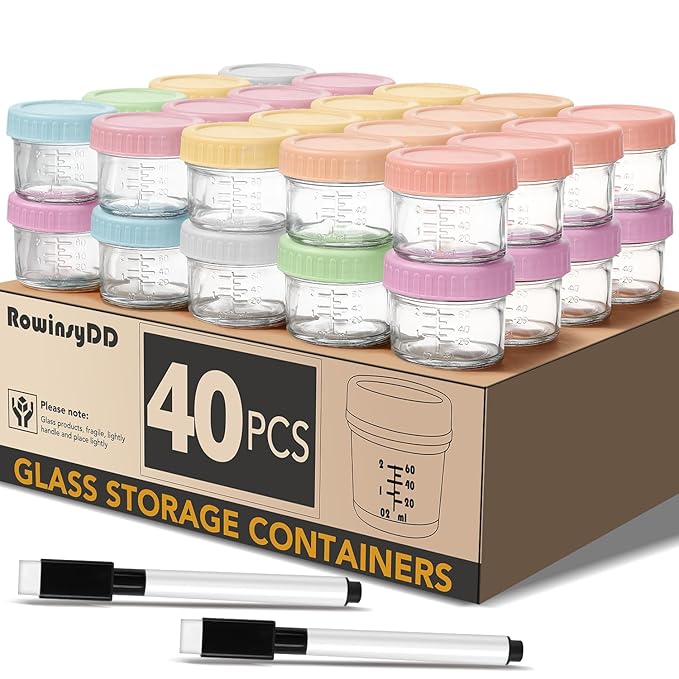 40 Pack Glass Baby Food Storage Containers, 4 oz Leakproof Baby Food Jars with Lids, Small Glass Food Containers for Infant Baby, Freezer & Microwave Safe, BPA Free