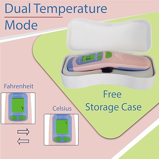 Amplim Non-Contact Forehead Thermometer for Adults, Kids & Infants | Ampmed No-Touch Medical Grade Temporal Fever Thermometer with Case, Nurse Accessories for Work, FDA-Cleared Pink Termometro Digital