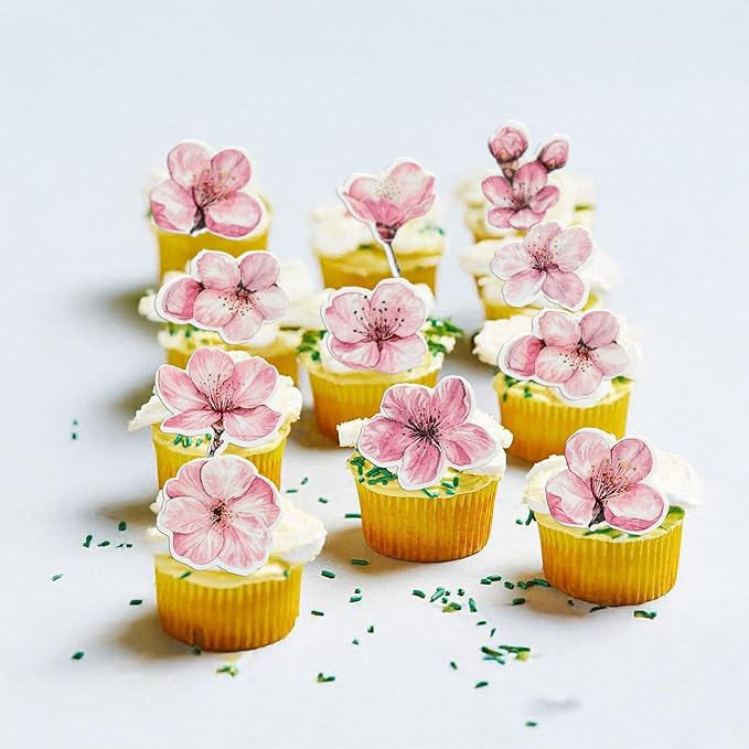 Ephlyn 50Pcs Edible Flowers Cake Topper Cupcake Toppers Wedding Themed Party Baby Shower Birthday Party Cupcake Picks Anniversary Party Decorations Supplies Pink
