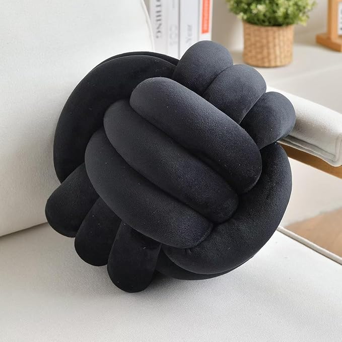 Decorative Throw Knot Pillow Ball for Home Chair Sofa Aesthetic Round Velvet Knotted Pillow Cushion (Black, 11 inches)