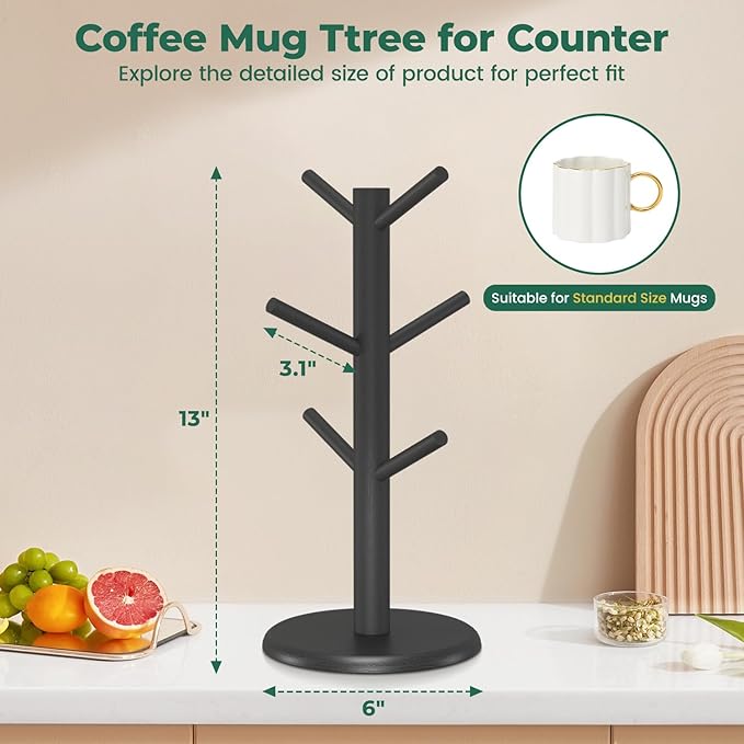 EsLuker.ly Mug Holder Tree, Bamboo Coffee Cup Display Rack with 6 Hooks for Home Kitchen Counter, Wood Mug Stand Station Organizer, Black, A Must-Have for Coffee Lover