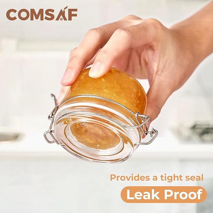 ComSaf 4oz Small Airtight Glass Jars Set of 6 with Lids Food Storage Jar Round, Mason Jar, Mini Storage Container with Clear Preserving Seal Wire Clip Fastening for Kitchen Canning, Jam, Spice, Honey