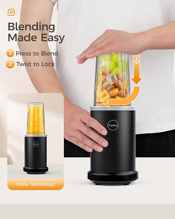iCucina Smoothie Blender, 1000W Personal Blender for Shakes and Smoothies with 2 x 32oz Protable Cups and Lids, Single Serve Blenders for Ice Crushing, Bean Grinding, Frozen Fruit Drinks, Black