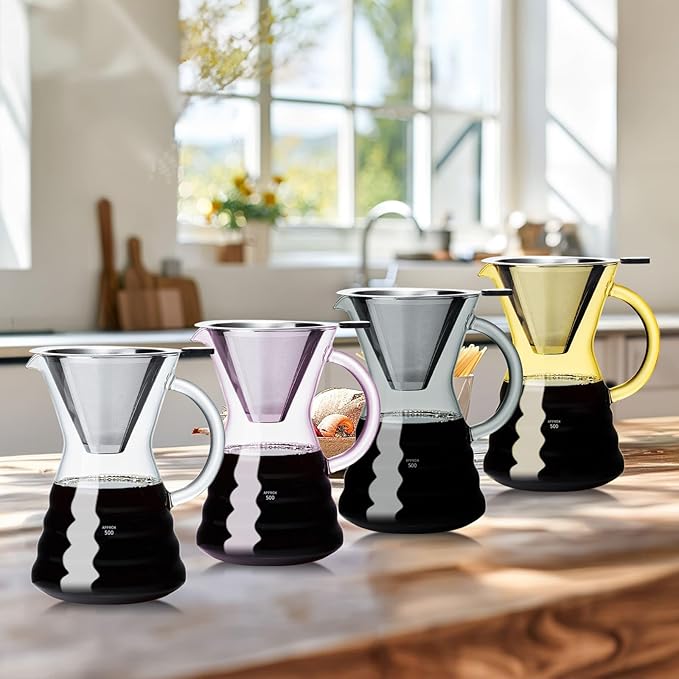 Unbreakable - Pour Over Coffee Maker with Permanent Stainless Filter 32 fl oz, Thickened Heat-Resistant Borosilicate Glass Dripper Coffee Brewer, Stovetop Safe, Yellow