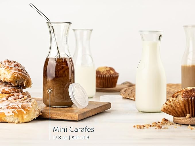 Glass Carafe Pitchers, by Kook, Mini Carafes- set of 6, Beverage Dispensers, Clear Jugs For Mimosas, Water, Wine, Milk and Juice, with Plastic Lids, Dishwasher Safe 17.3 oz