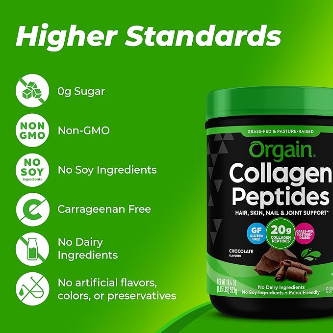 Orgain Hydrolyzed Collagen Peptides Powder For Women & Men, Chocolate, 20g Grass Fed Collagen - Hair, Skin, Nail, & Joint Support Supplement, Paleo & Keto, Non-GMO, Type I and III, 1lb