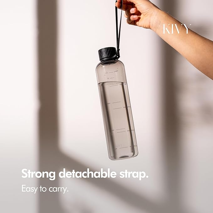 KIVY Slim Water Bottle 32oz [Lightweight & Shatterproof] Fits Backpack & Cupholder for Travel, Sports, School, Gym - Clear water bottle with measurements - Transparent Tritan Black - Dishwasher Safe