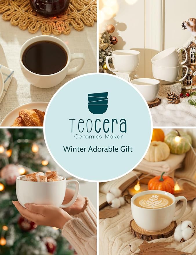 Teocera 16oz Large Coffee Mugs Set of 4 - Thick White Porcelain Cups for Cappuccino, Latte, Tea & Hot Chocolate - Dishwasher Safe Ceramic with Comfort Grip Handles