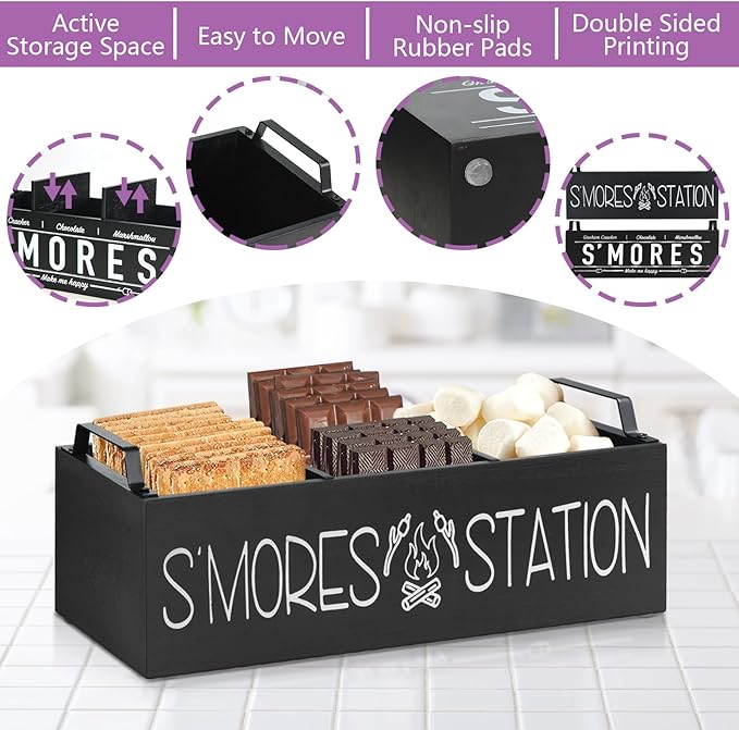 S'Mores Station, Farmhouse Smores Caddy with Handles, Smores Kit for Fire Pit Smores Maker Box, Smores Bar Station with 5Pcs Extendable Marshmallow Roasting Sticks, Camping Essentials Gear Accessories