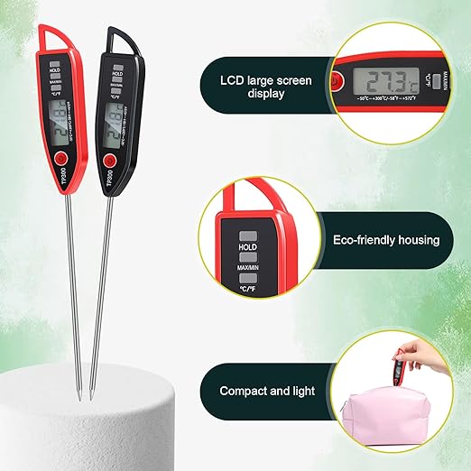 6 Set Waterproof Food Thermometer for Water, Liquid, Candle and Cooking Digital Meat Thermometer with Long Probe Instant Read for Kitchen BBQ Grill Candy (Black,Red)