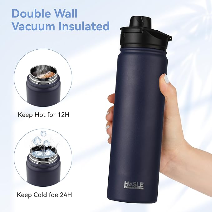 HASLE OUTFITTERS Insulated Water Bottle 22 oz Double Wall Stainless Steel Water Bottle Wide Mouth with Straw Lid & Spout Lid Keeps Cold or Hot(Navy,4)