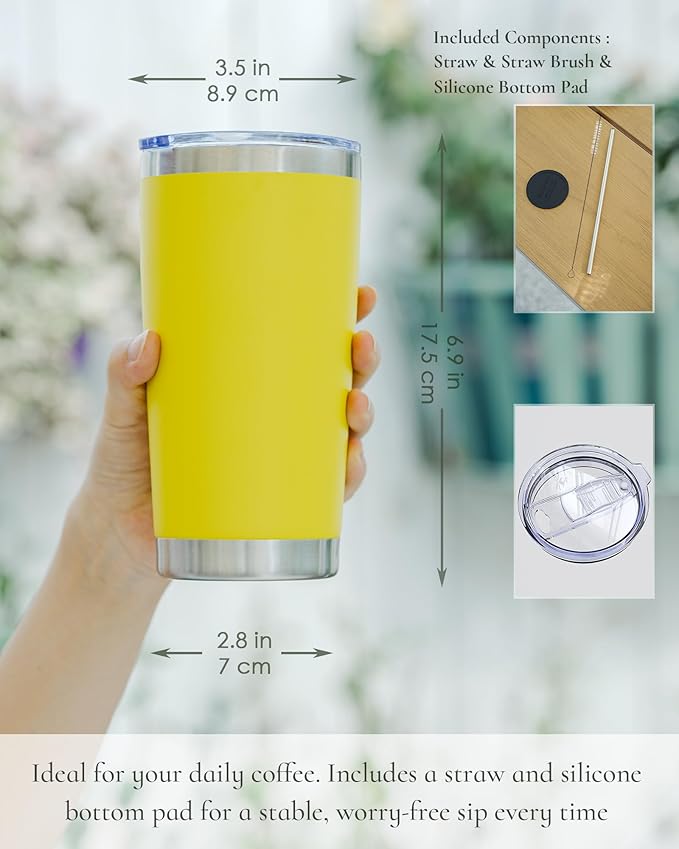 Travel Coffee Tumbler 20oz, 1 Pack Leakproof Travel Coffee Mug with Lid and Straw, Stainless Steel Double Wall Vacuum Insulated Tumbler for Hot/Iced Drinks (Textured Matte, Yellow)