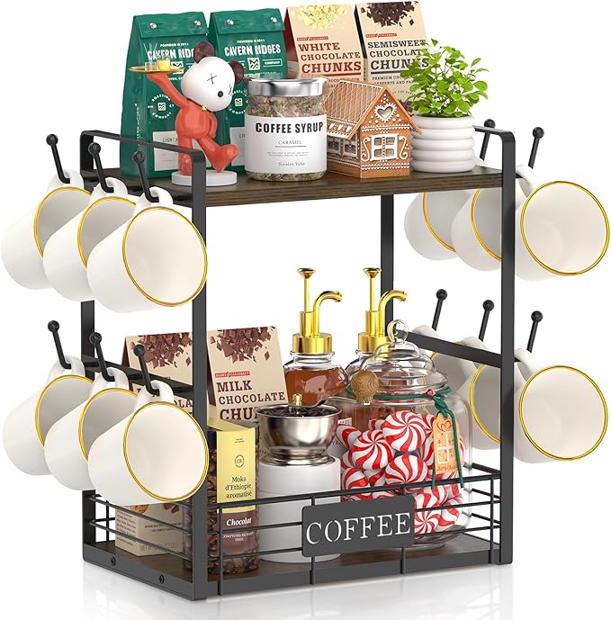 EsLuker.ly Coffee Mug Cup Holder Stand Bar Station Organizer for Countertop, Multi-Functional 2 Tier Mug Tree Rack for Kitchen, Storage Shelf with 12 Hooks, Brown-Black(Patented Design)