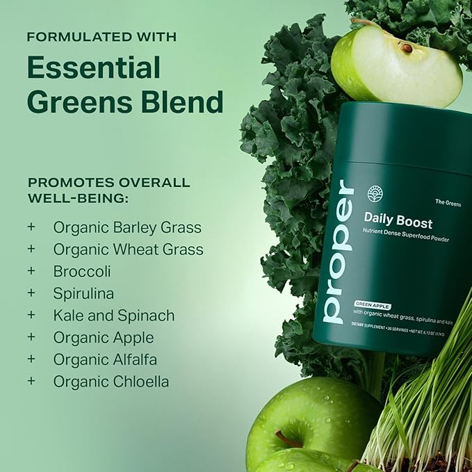 Proper, The Greens Daily Boost Organic Greens Powder. Whole Food, Apple Flavour Veggie Powder Superfood with Wheatgrass, Spirulina, Chlorella, Probiotics. Daily Drink Mix for Wellness and Digestion