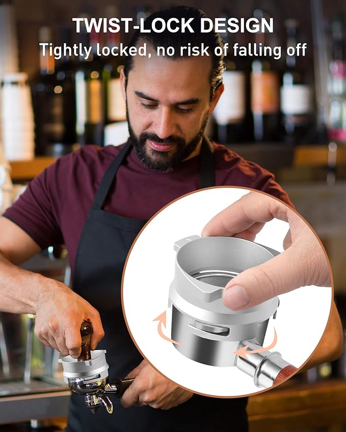 54mm Coffee Dosing Funnel, Hands-Free Aluminum Dosing Ring & 53.5mm Stainless Steel Puck Screen, Espresso Accessories suitable for 54mm Breville Barista Portafilters, with Grinding Trigger