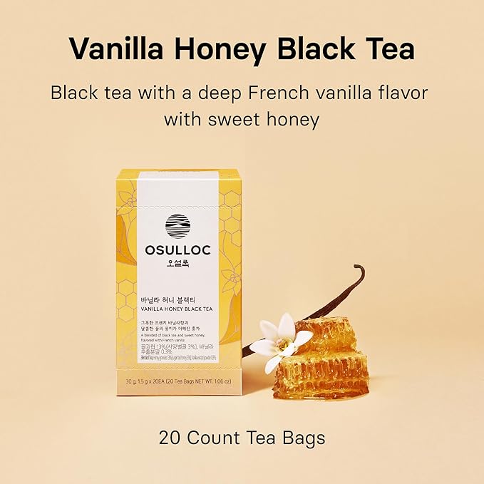 OSULLOC Vanilla Honey Black Tea (20 count, 1.05 oz), Black tea filled with Sweet Flavor of French Vanilla and Honey, Premium Blended Tea bags from Jeju Island