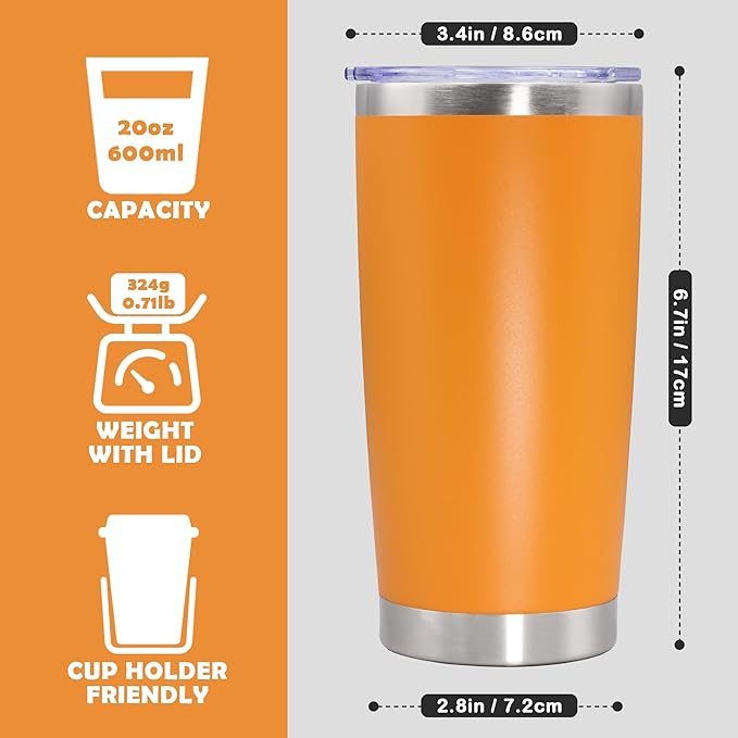 20oz Tumbler Bulk Stainless Steel Tumbler Cup with Lid Vacuum Insulated Double Wall Travel Mug, Durable Powder Coated Travel Coffee Tumbler Mug for Hot & Cold Drinks, Orange,12 Pack
