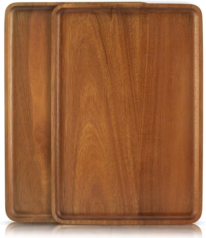2pcs 15"x10" Solid Acacia Wood Serving Trays Rectangular Wooden Serving Platters Natural Wooden Boards for Bar Coffee Party（Brown）