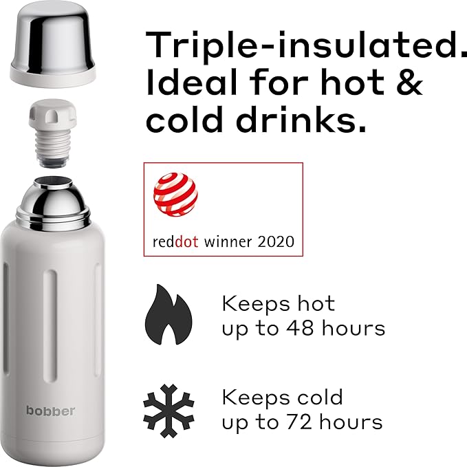 BOBBER 34 oz Stainless Steel Travel Thermos for Hot and Cold Drinks – Dishwasher Safe Metal Water Bottle with Cup Lid – Keeps Hot for 48 Hours – BPA-Free, Vacuum Insulated (Sand Grey)