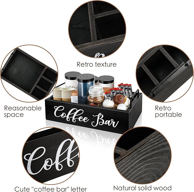 Coffee Station Organizer Wooden Coffee Bar Holder Accessories for Countertop, Farmhouse Kcup Pod Storage Basket with Handle - Black