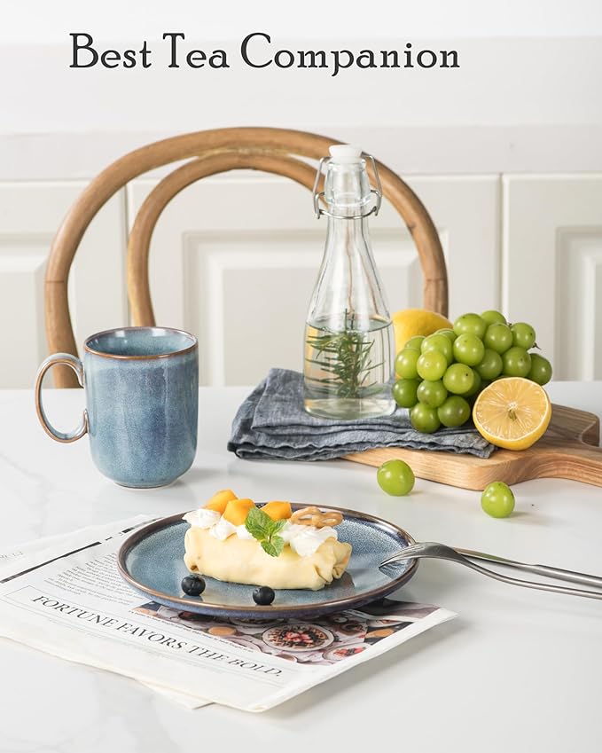 UNICASA Ceramic Dessert Plates - Dinner Salad Plates Set of 4, 8.25 Inch Round Serving Dishes Set for Pasta - Stoneware Dinnerware Set Kitchen, Dishwasher, Microwave & Oven Safe (Blue)