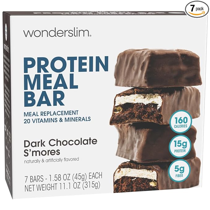 WonderSlim Meal Replacement Protein Bar, Dark Chocolate S'mores, 15g Protein, 20 Vitamins & Minerals (7ct)