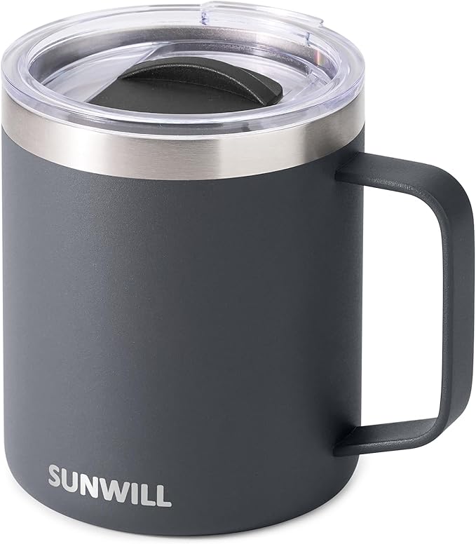 SUNWILL Travel Coffee Mug with Lid, Insulated Tumbler with Handle, 14 oz Stainless Steel Cup for Home, Office, Camping, Powder Coated Charcoal