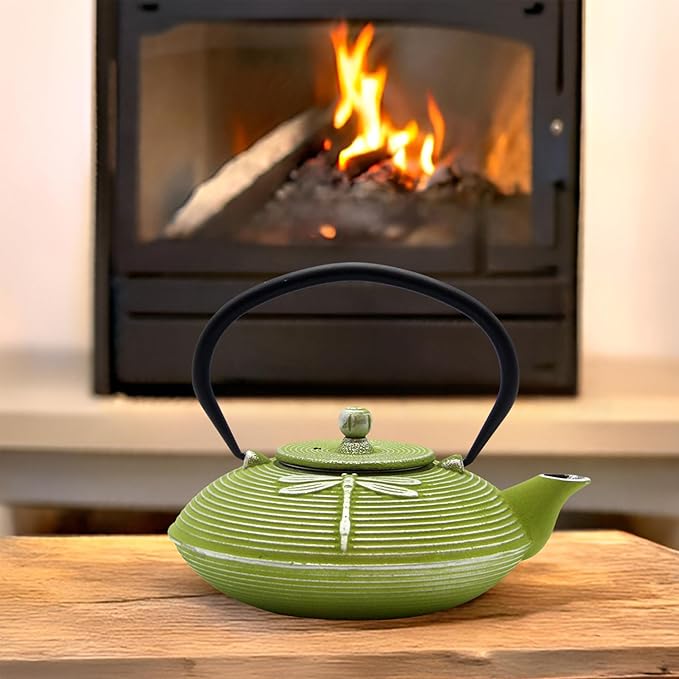 Cast Iron Teapot,SECHUDO Tea Kettle Coated with Enameled Interior for Loose Tea,Cast Iron Teapot with Stainless Steel Infuser for Stovetop Safe (27.1oz Flat Dragonfly Pattern)