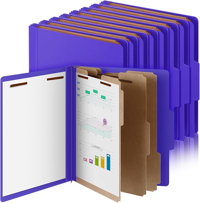 12 Pcs Classification Folders Letter Size, Back to School Supply for Teacher, Student, 3 Dividers Pressboard File Folder Bulk with 2 Fasteners, 3.5 Inch Expanding File Organizer (Purple)
