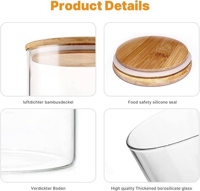 YUNCANG Glass Storage Jars [Set of 5],Clear Glass Food Storage Containers with Airtight Bamboo Lid Stackable Kitchen Canisters for Candy,Cookie,Rice,Sugar,Flour,Pasta,Nuts and Spice Jars