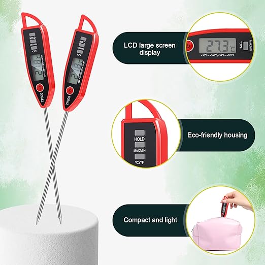 6 Set Waterproof Food Thermometer for Water, Liquid, Candle and Cooking Digital Meat Thermometer with Long Probe Instant Read for Kitchen BBQ Grill Candy (Red)