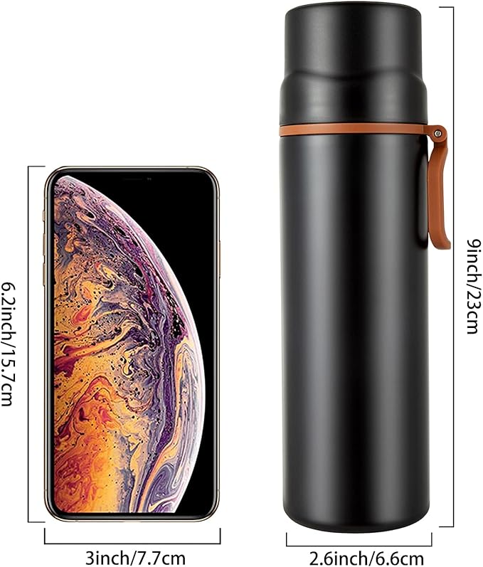 Insulated Water Bottle-Stainless Steel Vacuum Coffee Cup with Handle,Flask Double Walled Sport Travel Mug with Leakproof Lid,Keep Hot & Cold 12 Hours BPA Free 15oz(Black)