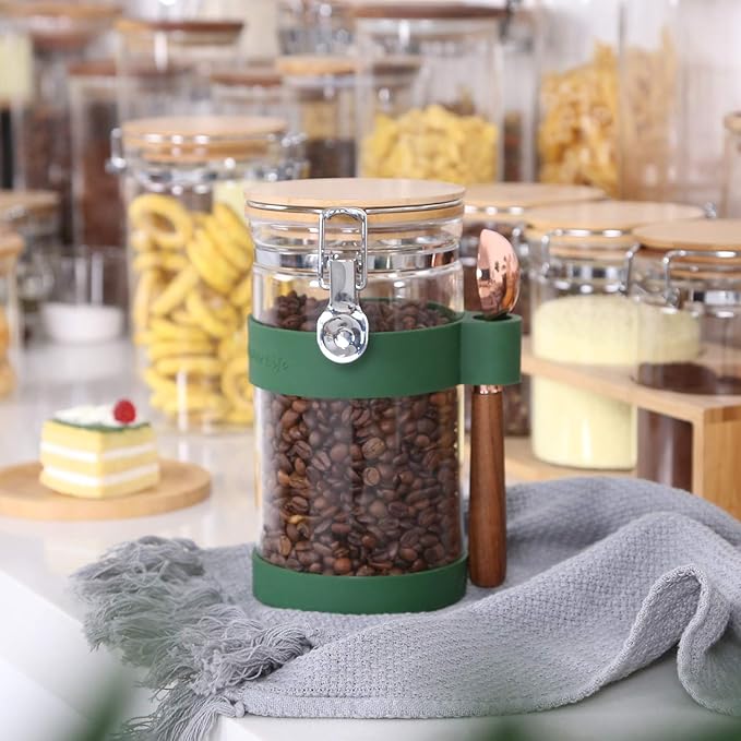 KKC Vacuum Sealed Coffee Bean Storage Container with Scoop for 1 lb Beans,Airtight Glass Coffee Jar Canister with Scoop,Glass Storage Canisters with Hinged Lid,40 Fluid Ounce