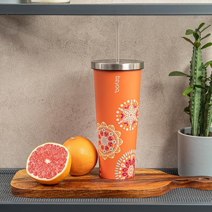 bzyoo SUP Double Wall Vacuum Insulated 24oz Tumbler with Straw and Lid Stainless Steel Water Bottle Travel Mug Cup, Mother's Day Gift Perfect For Ice Coffee or Tea Color: Orange Madallion