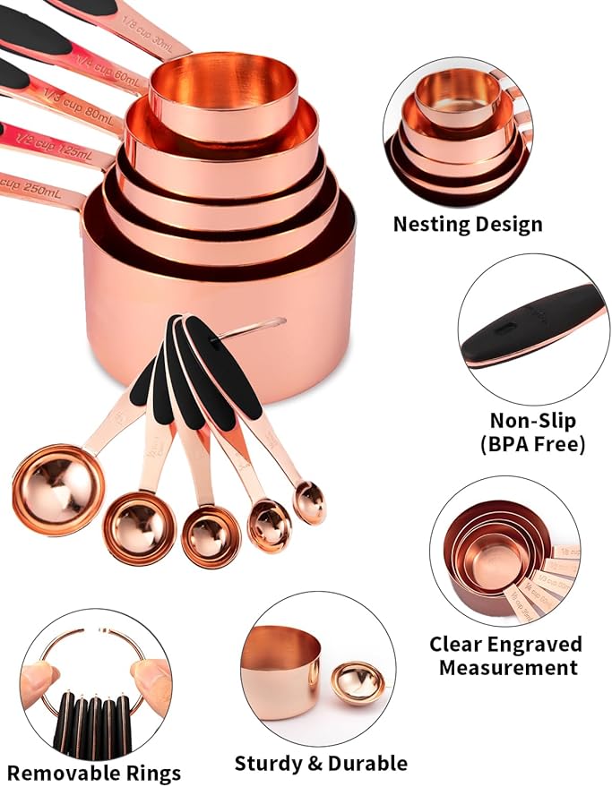 Joyhill Copper Measuring Cups and Spoons Set of 10 Piece, Stainless Steel Nesting Measuring Cup Set with Soft Touch Silicone Handles for Dry and Liquid Ingredients