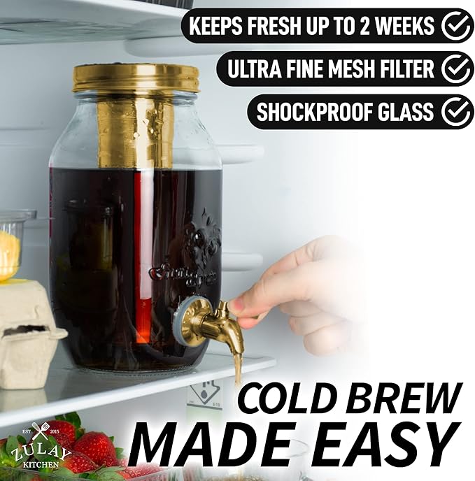 Zulay Kitchen 1.5 Liter Cold Brew Coffee Maker with EXTRA-THICK Glass Carafe & Stainless Steel Mesh Filter - Premium Iced Coffee Maker, Cold Brew Pitcher & Tea Infuser (Gold)