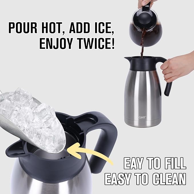 GiNT 51Oz Stainless Steel Thermal Coffee Carafe with Lid/Double Walled Vacuum Thermal Carafe / 12 Hour Heat Retention (Silver, 1.5L)