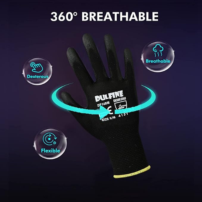 DULFINE Ultra-Thin PU Coated Work Gloves-12 Pairs,Excellent Grip,Nylon Shell Black Polyurethane Coated Safety Work Gloves, Knit Wrist Cuff,Ideal for Light Duty Work. (Small)