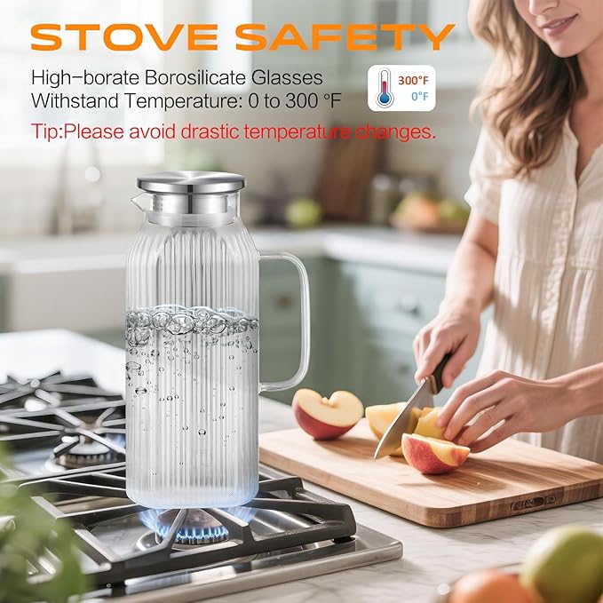 2 Liters/68oz 2 Pack Stripes Glass Pitcher with Lid and Handle for Bridge Door, Aofmee Borosilicate Glass Heat Resistant Dishwasher Safe Iced Tea Jar, Carafe with Scale Line for Hot/Cold Beverage