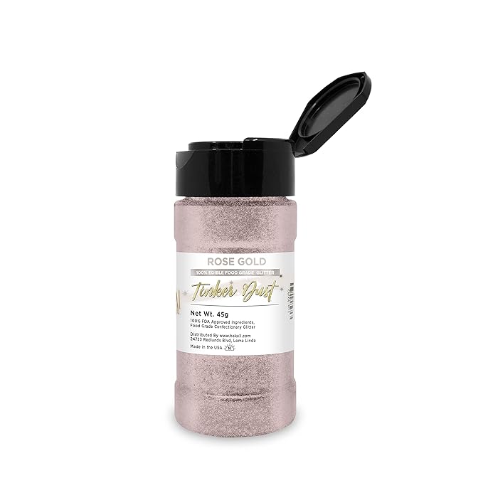 BAKELL Rose Gold Edible Glitter, 45 Grams | TINKER DUST Edible Glitter | KOSHER Certified | 100% Edible Glitter | Cakes, Cupcakes, Cake Pops, Drinks, Dessert Vegan Glitter & Dusts (45g Shaker, Rose Gold)