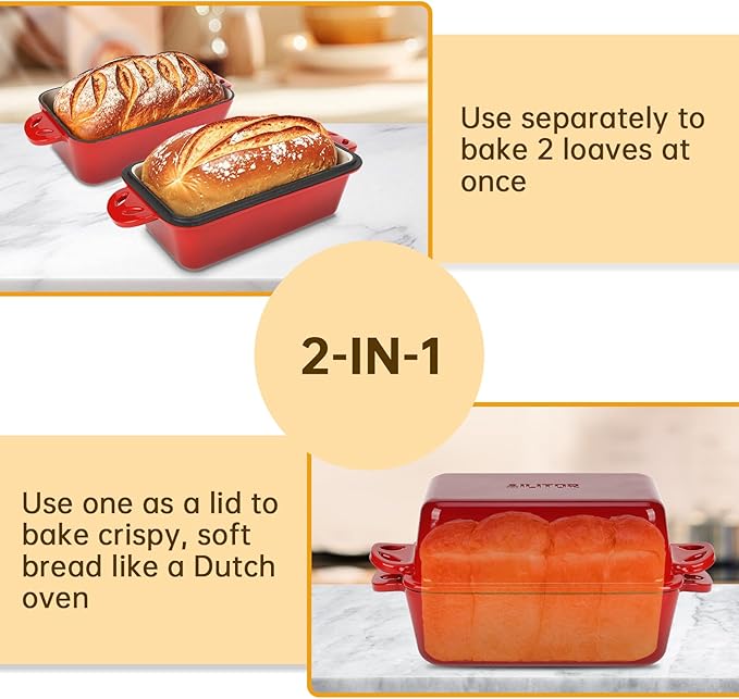 9x5 Enameled Cast Iron Loaf Pan with Lid - 2 in 1 Homemade Sourdough Bread Baking Pan